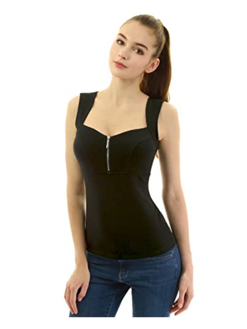 Women Zip Front V Neck Sleeveless Tank Top Rayon Spandex Fitted Yoga Clubwear